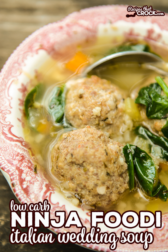 Our Low Carb Ninja Foodi Italian Wedding Soup is a quick an easy recipe you can make in one pot! We love these tender air crisp low carb meatballs in a savory soup with vegetables. No Foodi? Make with Oven/Air Fryer and your Instant Pot. via @recipescrock