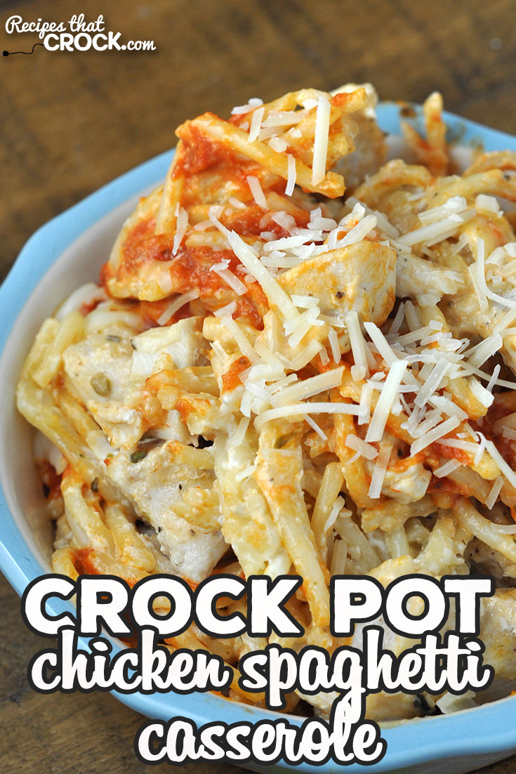 Switch up spaghetti night with this delicious Crock Pot Chicken Spaghetti Casserole recipe. It is super tasty and easy to throw together! Win win! via @recipescrock
