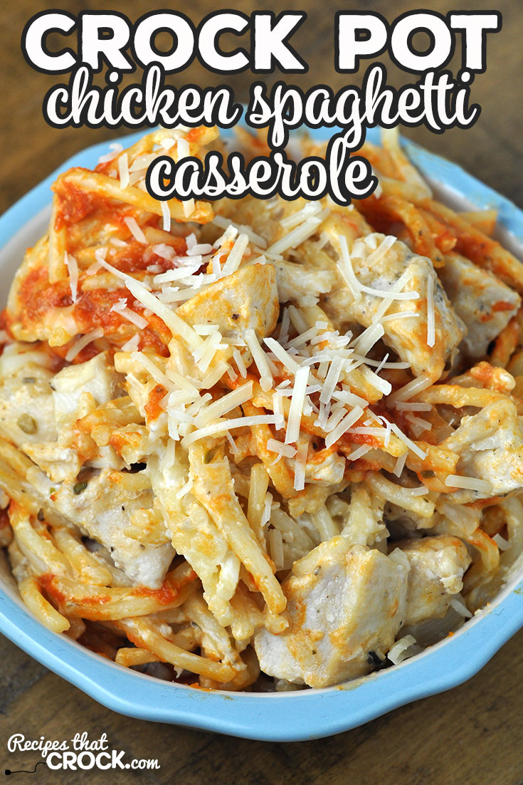 Switch up spaghetti night with this delicious Crock Pot Chicken Spaghetti Casserole recipe. It is super tasty and easy to throw together! Win win!