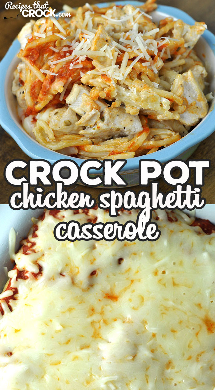 Switch up spaghetti night with this delicious Crock Pot Chicken Spaghetti Casserole recipe. It is super tasty and easy to throw together! Win win! via @recipescrock
