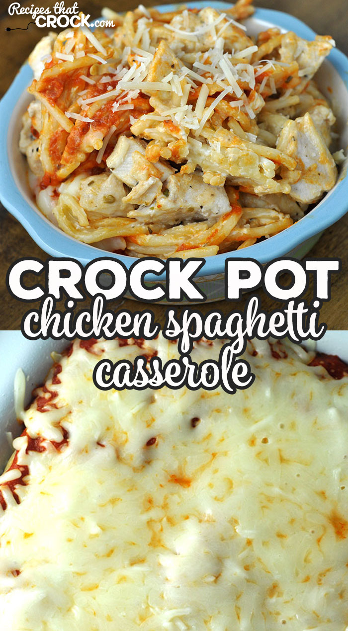 Switch up spaghetti night with this delicious Crock Pot Chicken Spaghetti Casserole recipe. It is super tasty and easy to throw together! Win win!
