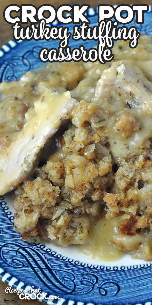 This Crock Pot Turkey Stuffing Casserole is like Thanksgiving in a casserole. You have turkey, gravy and stuffing all in one, and it is so yummy! via @recipescrock