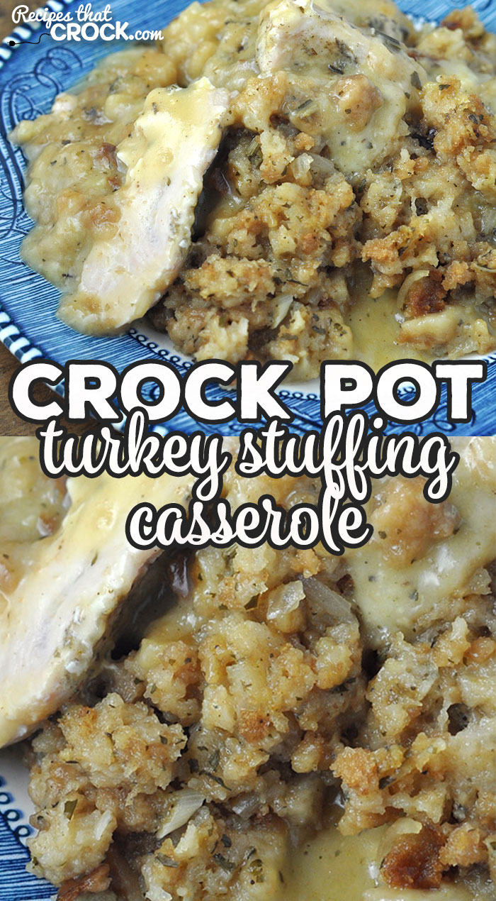 This Crock Pot Turkey Stuffing Casserole is like Thanksgiving in a casserole. You have turkey, gravy and stuffing all in one, and it is so yummy! via @recipescrock