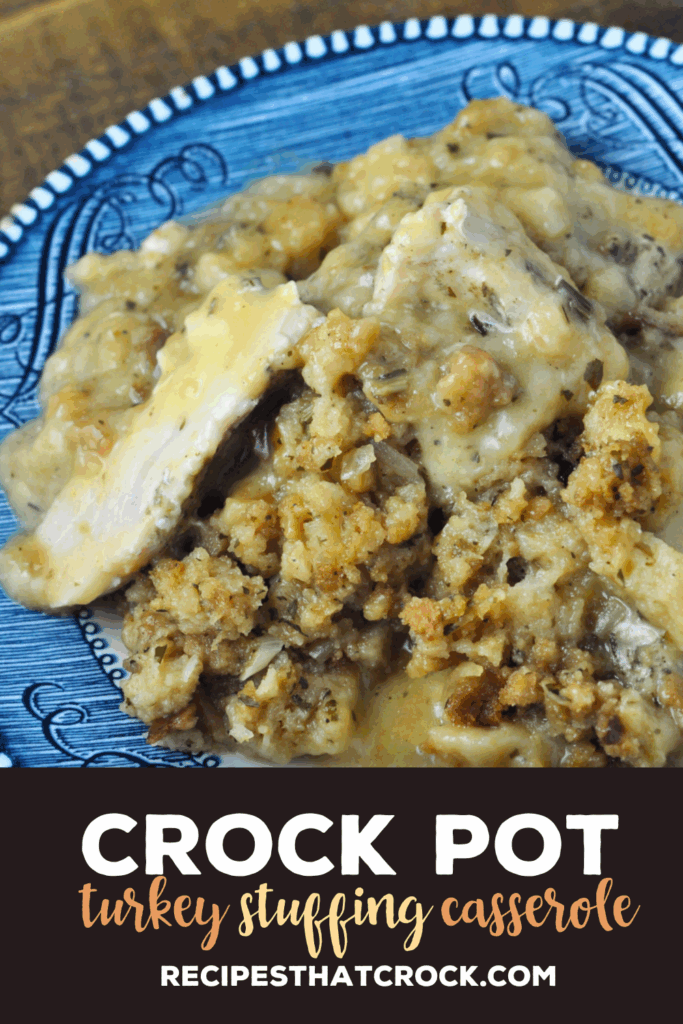 This Crock Pot Turkey Stuffing Casserole is like Thanksgiving in a casserole. You have turkey, gravy and stuffing all in one, and it is so yummy! It is a great for a cozy weeknight dinner or as an inexpensive holiday dinner with all those childhood flavors.