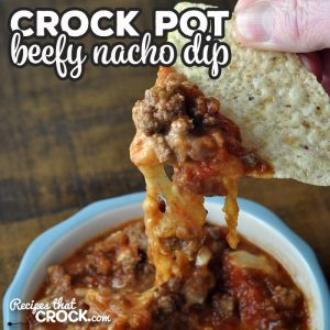 Easy, delicious and perfect for chips or a burrito shell! What more could you ask for?! This Beefy Crock Pot Nacho Dip is incredibly delicious!