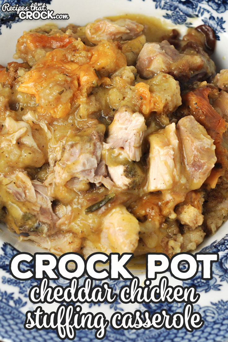 This Cheddar Crock Pot Chicken Stuffing Casserole is a delicious, cheesy comfort food recipe that you and your loved ones will love! via @recipescrock