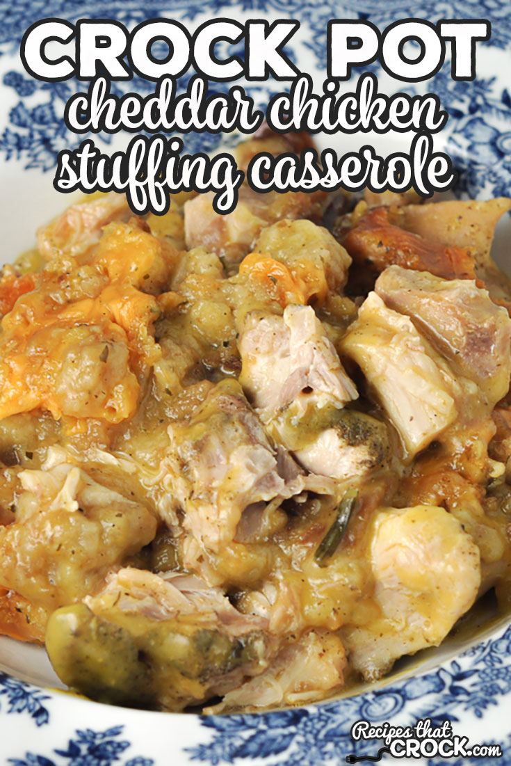 This Cheddar Crock Pot Chicken Stuffing Casserole is a delicious, cheesy comfort food recipe that you and your loved ones will love! via @recipescrock