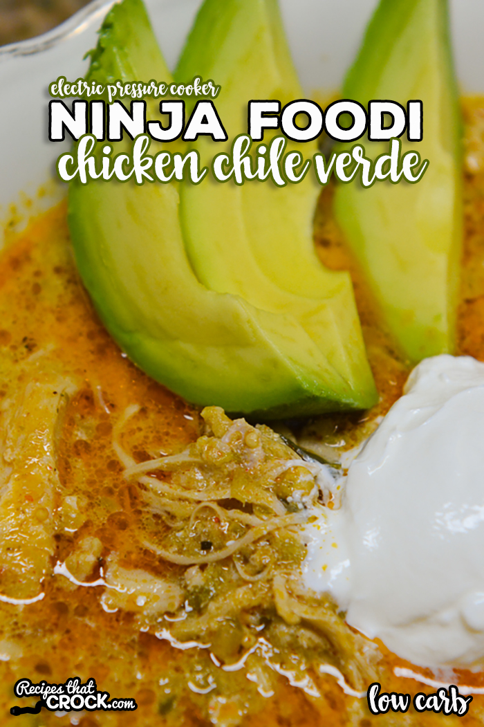 Ninja Foodi Chicken Chile Verde Soup is an easy electric pressure cooker soup recipe. Frozen chicken to flavorful soup in under an hour, this low carb soup recipe is one of our favorites! via @recipescrock