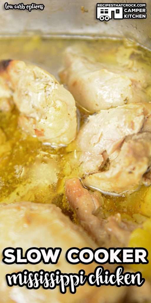 Slow Cooker Mississippi Chicken is a tried and true chicken crock pot recipe that turns out tender, savory chicken every time. This family favorite is great for beginners and experienced cooks. Low carb options also available!