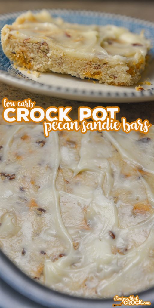 Our Low Carb Crock Pot Pecan Sandie Bars are an easy low carb dessert you can make in the slow cooker. These sugar free treats are sweet, sandy and buttery. Yum!