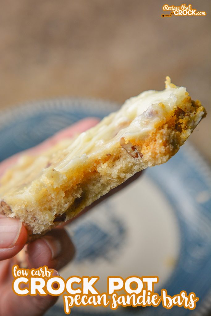 Our Low Carb Crock Pot Pecan Sandie Bars are an easy low carb dessert you can make in the slow cooker. These sugar free treats are sweet, sandy and buttery. Yum!