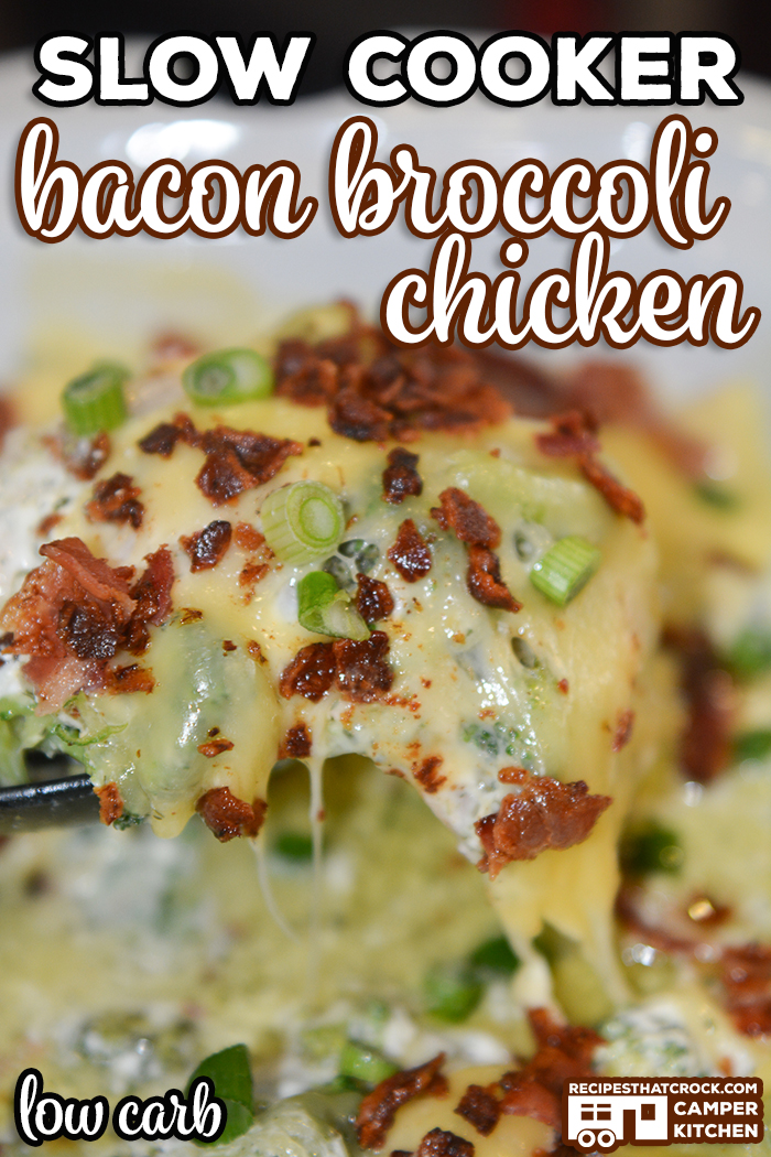 Our Slow Cooker Bacon Broccoli Chicken (Low Carb) is a tried and true crock pot casserole we love! Savory Bacon crumbles, savory chicken and tender broccoli in a delicious cheesy, creamy sauce. via @recipescrock