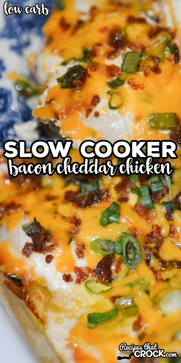 Our Slow Cooker Bacon Cheddar Chicken is a low carb tried and true recipe that everyone loves! Tender chicken is layered with bacon, green onion and an incredible creamy cheesy topping. via @recipescrock