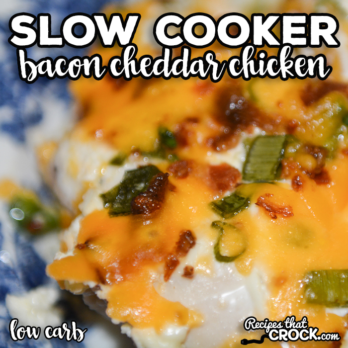 Our Slow Cooker Bacon Cheddar Chicken is a low carb tried and true recipe that everyone loves! Tender chicken is layered with bacon, green onion and an incredible creamy cheesy topping.