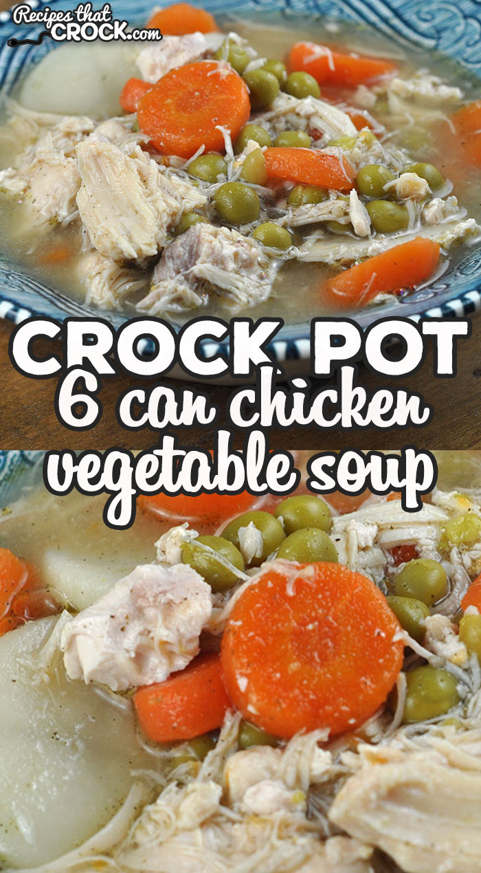 This 6 Can Crock Pot Chicken Vegetable Soup recipe is super easy to make and so yummy! The vegetables and chicken come together to give you a hearty soup!
