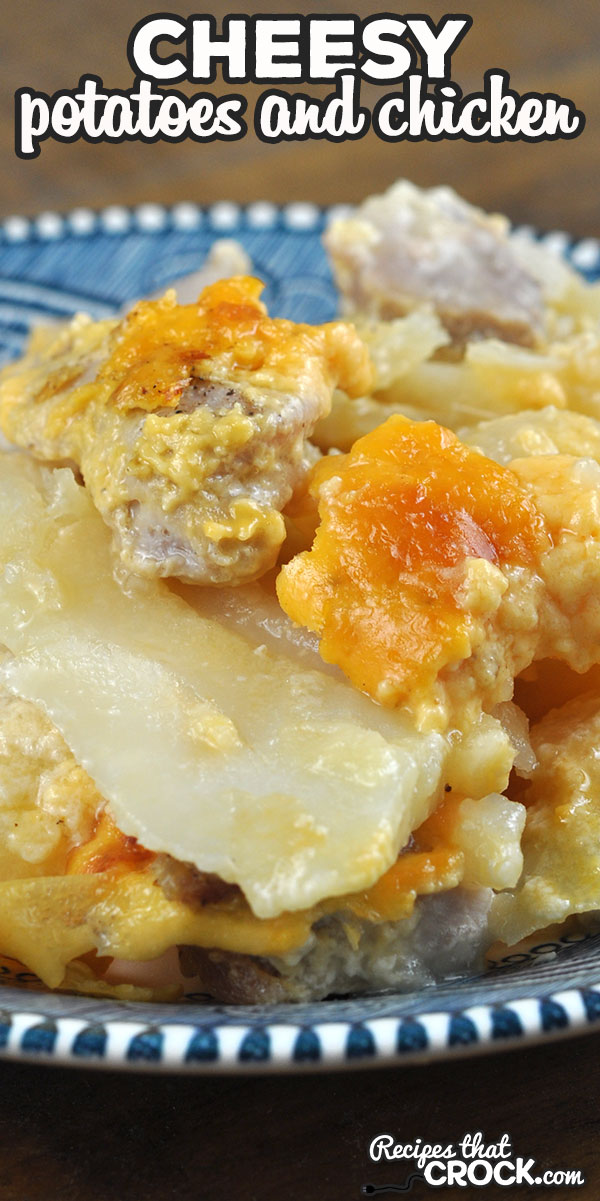 This Cheesy Potatoes and Chicken recipe for your oven is delicious and simple to throw together! It is a great comfort dish any day of the week! via @recipescrock