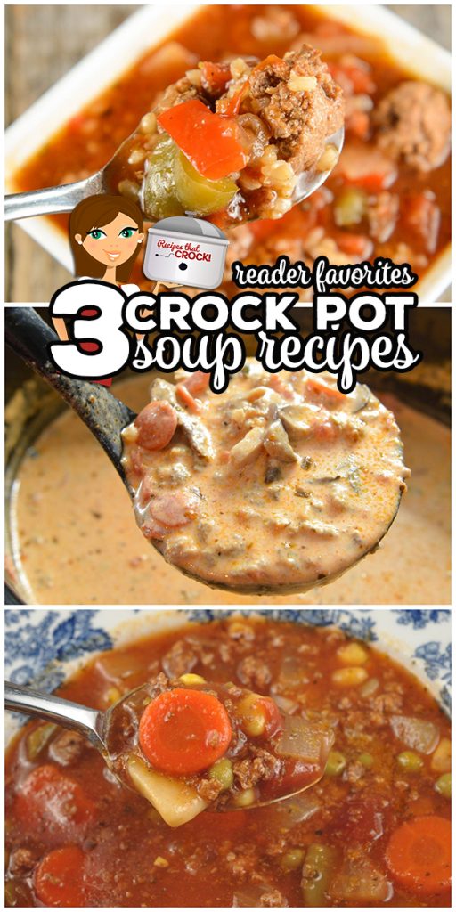 These 3 popular Crock Pot Soup Recipes are the soups our readers tell us are their favorite: Stuffed Pepper Soup, Low Carb Pizza Soup and 7 Can Vegetable Soup