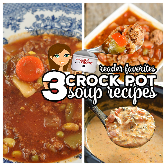 These 3 popular Crock Pot Soup Recipes are the soups our readers tell us are their favorite: Stuffed Pepper Soup, Low Carb Pizza Soup and 7 Can Vegetable Soup