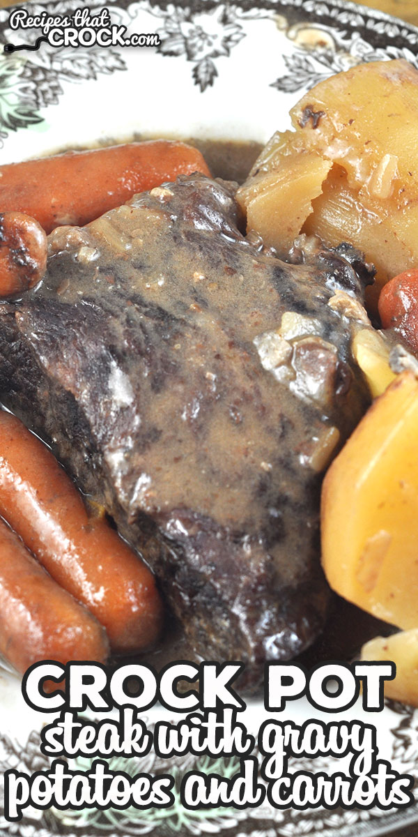 This Crock Pot Steak with Gravy Potatoes and Carrots recipe takes my Slow Cooker Steak with Gravy recipe and makes it a one pot meal!  via @recipescrock