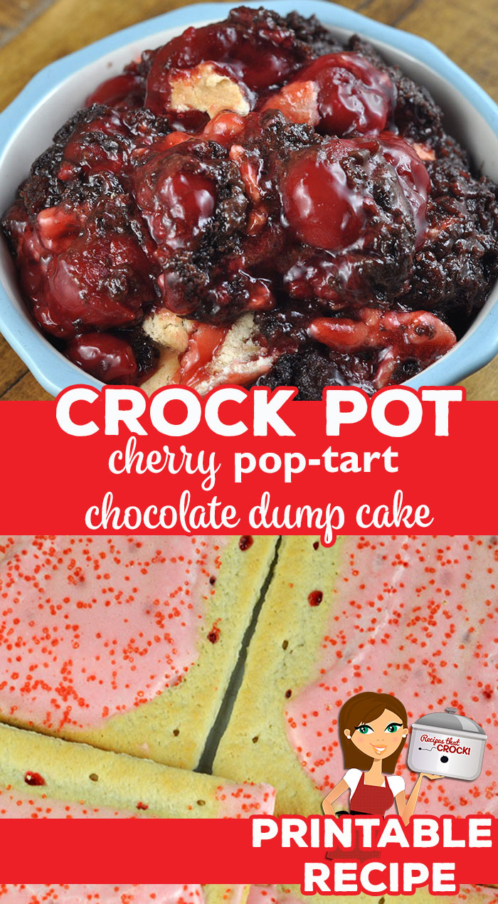 You do not want to miss the latest in our Pop Tart Dump Cake series. This Crock Pot Cherry Pop Tart Chocolate Dump Cake is absolutely delicious! via @recipescrock