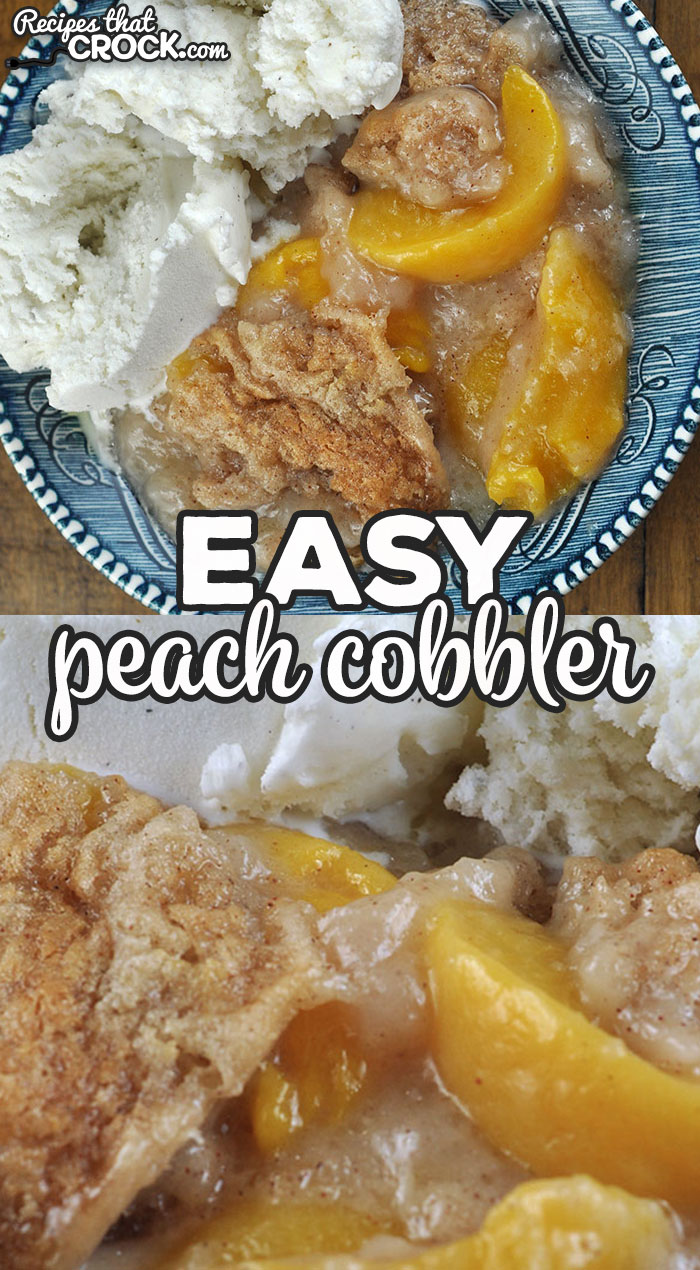 This Easy Peach Cobbler recipe is the oven version of Cris' tried and true Easy Crock Pot Peach Cobbler. It has the same yummy goodness, just a new way to bake it!