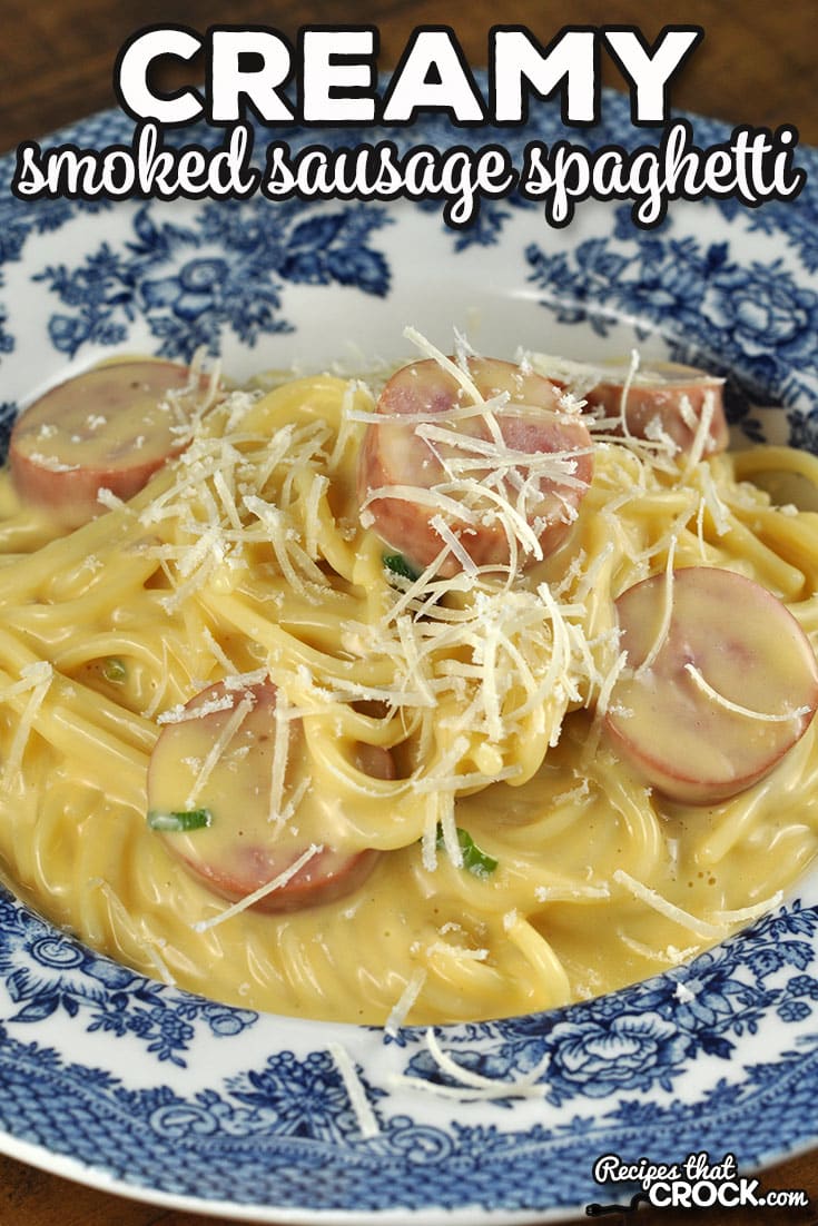I have taken one of our reader favorite crock pot recipes and made it into a stove top recipe with this Creamy Smoked Sausage Spaghetti.