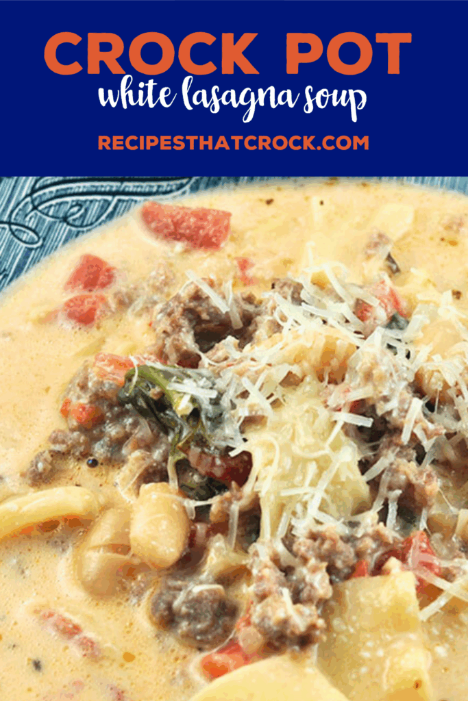 If you love a delicious soup, then you are in for a treat with this Crock Pot White Lasagna Soup recipe. It is sure to be an instant favorite. Savory Italian sausage, diced tomatoes, spinach, beans, cheeses and lasagna noodles make this easy crockpot soup a go-to weeknight dinner.