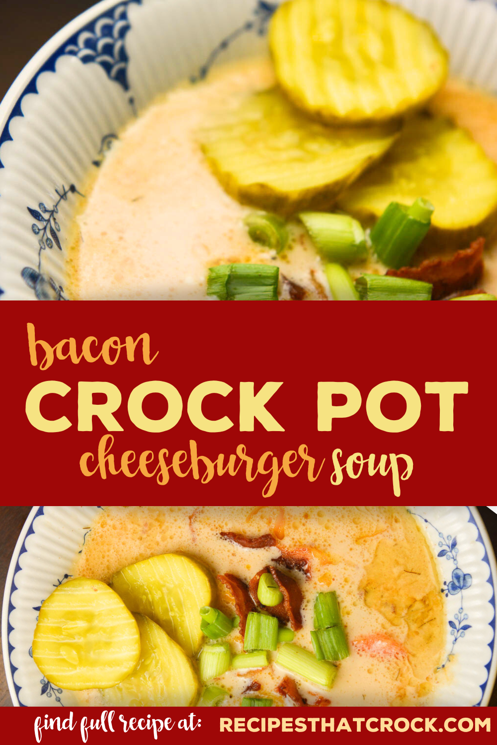 Are you looking for an easy crock pot soup? Our Crock Pot Bacon Cheeseburger Soup is full of flavor and a family favorite. Savory bits of burger, bacon and some veggies thrown in for good measure in a creamy cheese based soup. And our secret ingredient that makes all the difference- pickles!
