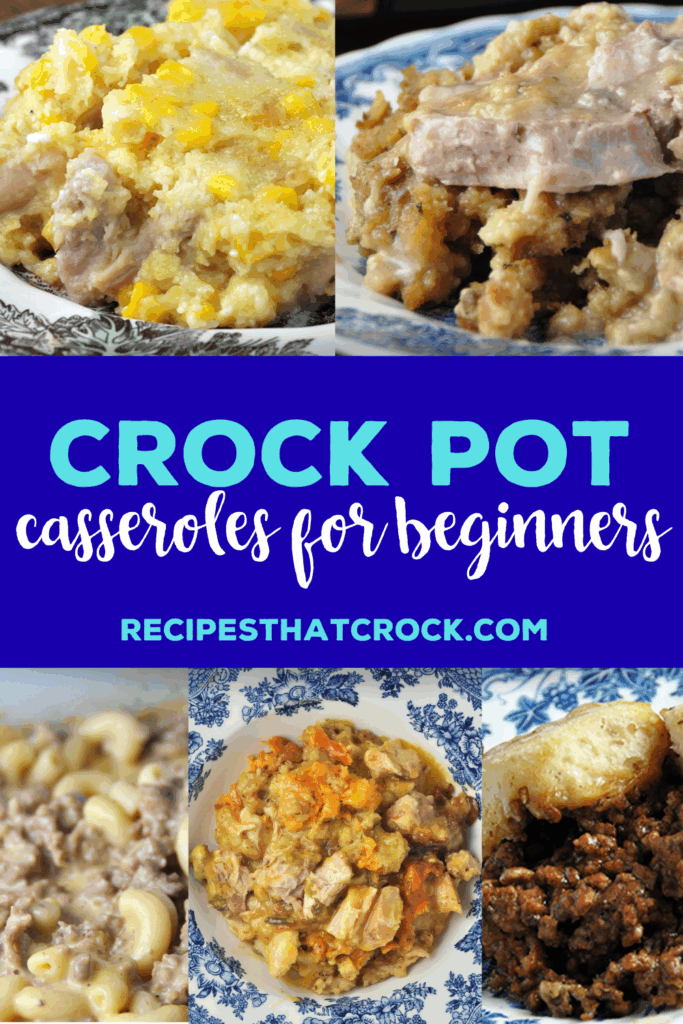 Slow cooker casseroles are a great way for new home cooks to make a successful delicious dinner for their friends and family. These easy crock pot casserole recipes for beginners turn out great every time! From savory pork chop stuffing casseroles to taco tater tot casseroles to an easy hamburger and biscuit casserole and a beloved chicken corn casserole, there is an easy to learn crock pot casserole for everyone!