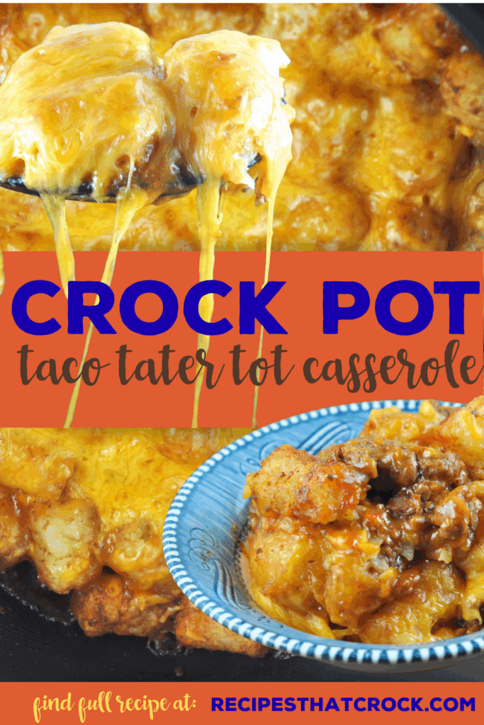 Taco meat, cheddar cheese soup, garlic, cheese and tater tots all come together to give you this incredible Crock Pot Taco Tater Tot Casserole that is one of our most popular recipes!