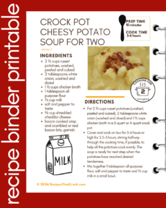 This recipe is so simple to throw together, yet incredibly delicious. I highly recommend making this Crock Pot Cheesy Potato Soup for Two.