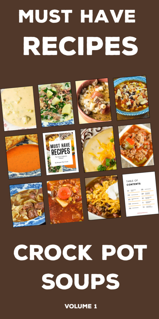 Are you looking for tried and true crock pot soup recipes? These must have crock pot soup recipes are a great addition to any home cook's recipe binder. This collection includes: Crock Pot Taco Soup, 7 Can Crock Pot Vegetable Soup, Slow Cooker Stuffed Pepper Soup, Crock Pot Broccoli Cheese Soup, 7 Can Crock Pot Chicken Tortilla Soup, Crock Pot Zuppa Toscana Soup, Crock Pot Pasta Fagioli Soup, Crock Pot Pesto Tomato Soup, Crock Pot Potato Soup, Crock Pot Steak Soup. These recipes are the perfect quick and easy dish to throw together for a homecooked meal.