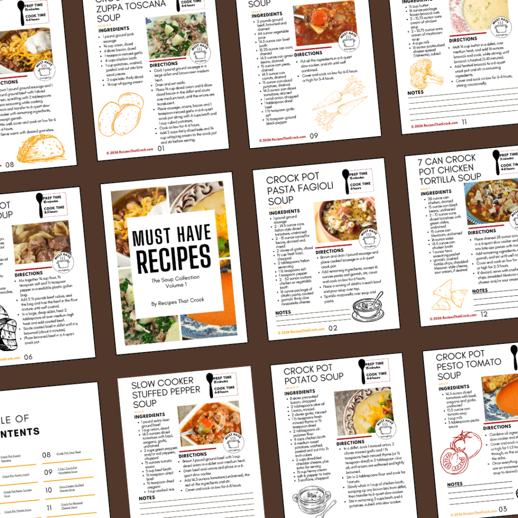 Are you looking for tried and true crock pot soup recipes? These must have crock pot soup recipes are a great addition to any home cook's recipe binder. This collection includes: Crock Pot Taco Soup, 7 Can Crock Pot Vegetable Soup, Slow Cooker Stuffed Pepper Soup, Crock Pot Broccoli Cheese Soup, 7 Can Crock Pot Chicken Tortilla Soup, Crock Pot Zuppa Toscana Soup, Crock Pot Pasta Fagioli Soup, Crock Pot Pesto Tomato Soup, Crock Pot Potato Soup, Crock Pot Steak Soup. These recipes are the perfect quick and easy dish to throw together for a homecooked meal.